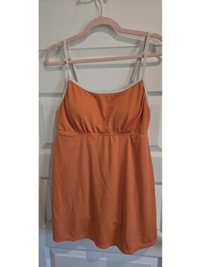 Orange Ribbed Swimsuit Dress with White Straps